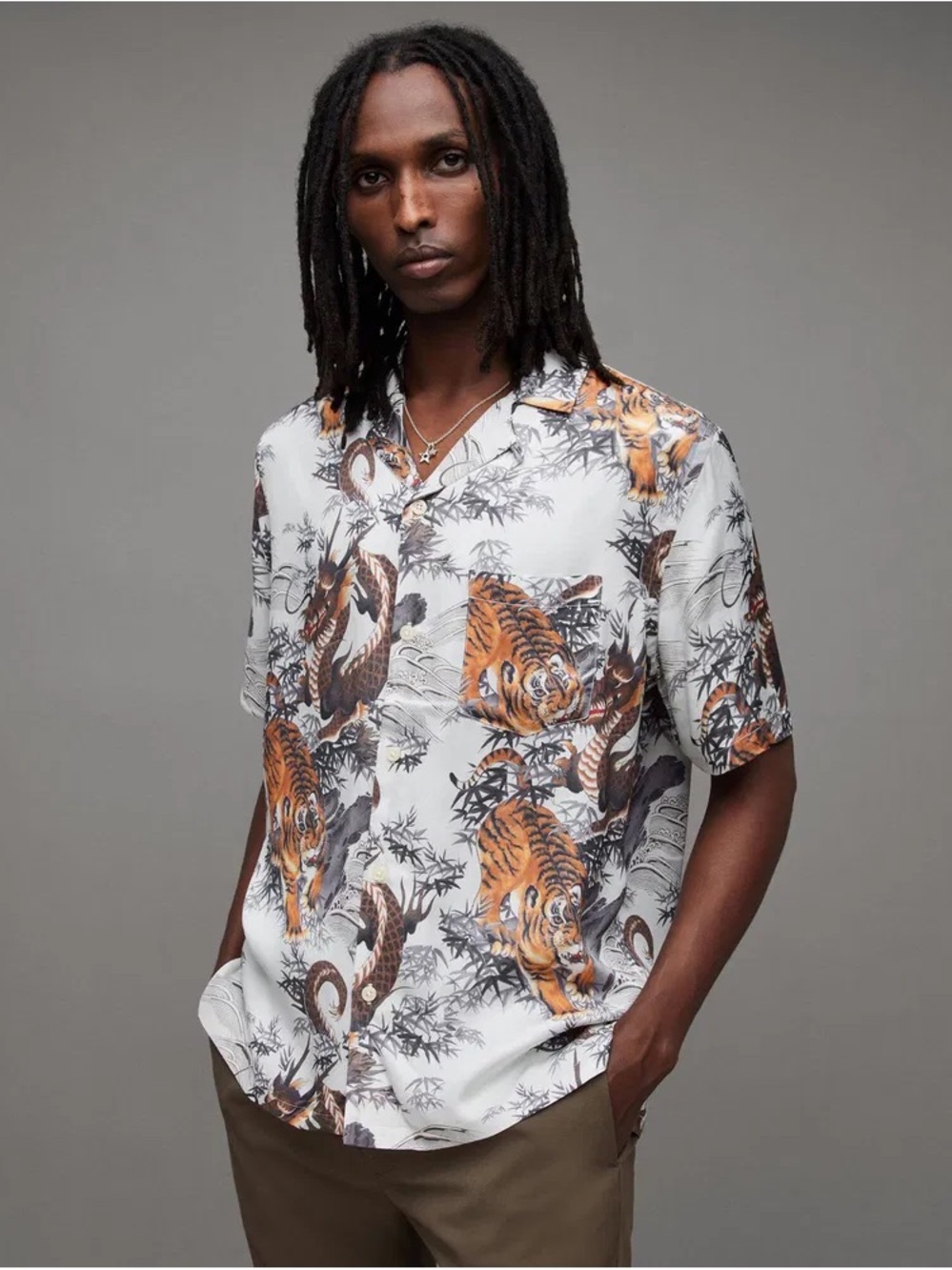 AllSaints Kali Relaxed Fit Tiger & Dragon Print Camp Shirt